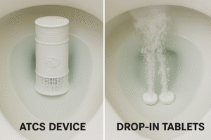Automatic toilet cleaning system vs. drop-in tablets side-by-side comparison